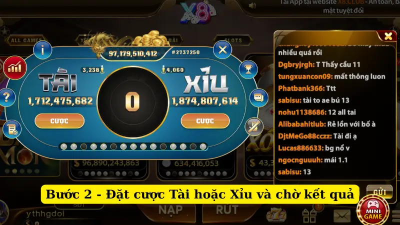 Bước 2 - Đặt cược Tài hoặc Xỉu và chờ kết quả