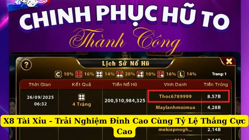 X8 Tài Xỉu - Trải Nghiệm Đỉnh Cao Cùng Tỷ Lệ Thắng Cực Cao